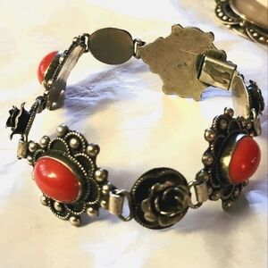 Vtg PLP Iguala Mexico Sterling Silver Red Coral Rose Link Bracelet